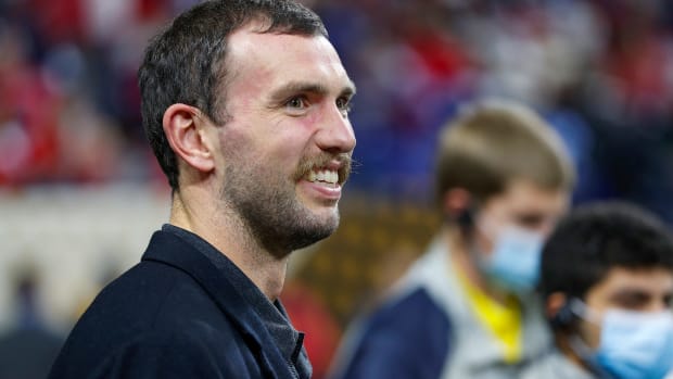 Andrew Luck makes an appearance on the field before the start of the College Football Playoff National Championship on Monday, Jan. 10, 2022, at Lucas Oil Stadium in Indianapolis. Alabama Crimson Tide Versus Georgia Bulldogs On Monday Jan 10 2022 College Football Playoff National Championship At Lucas Oil Stadium In Indianapolis